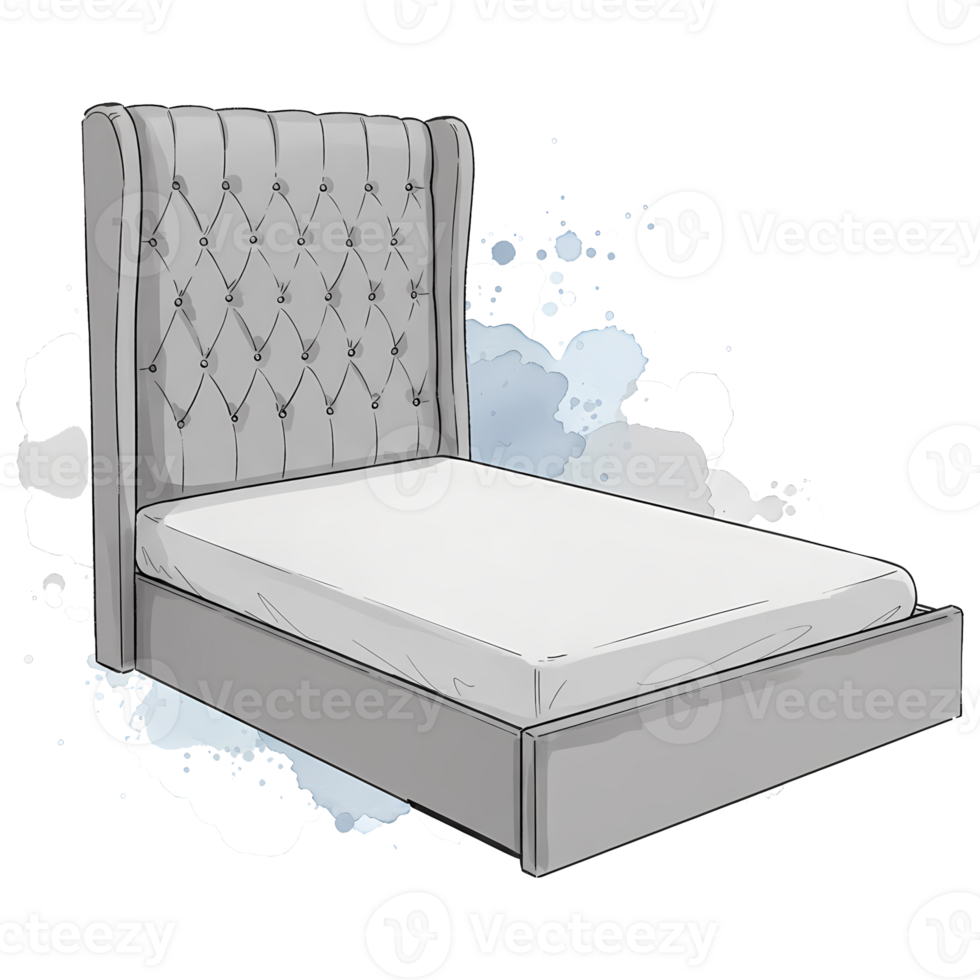 A gray bed with a tall tufted headboard and a white mattress in a watercolor style drawing style on transparent background png
