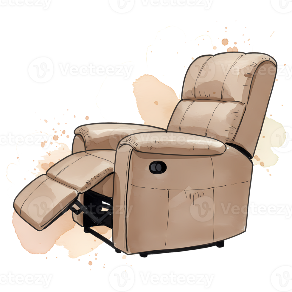 A recliner chair with the footrest extended in a cartoon style against a neutral tone splatter art on transparent background png