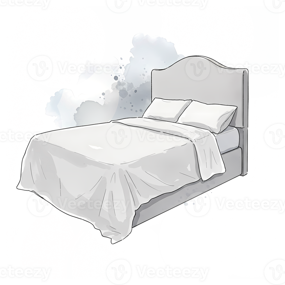 A watercolor style of a bed with white linens and pillows against an abstract painted design around it on transparent background png