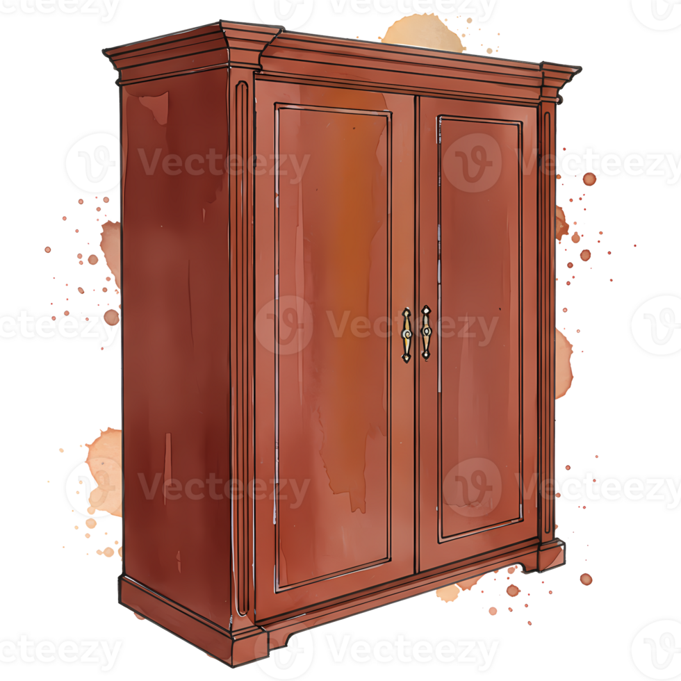 A watercolor style drawing of a wooden wardrobe with two doors and golden handles on a transparent area on transparent background png