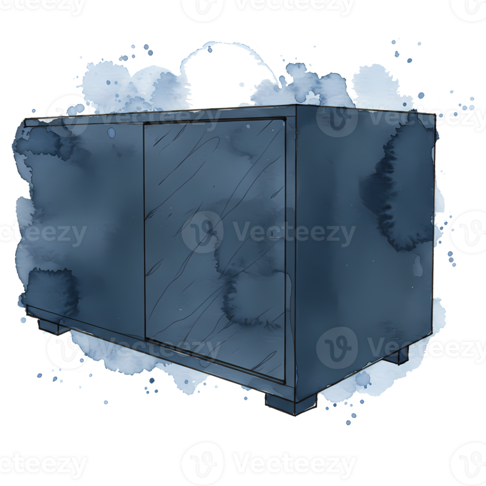 A cabinet with sliding doors in a watercolor style with a decorative border on a transparent area on transparent background png