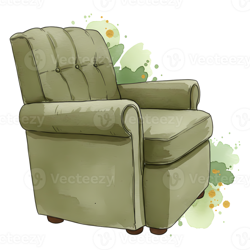 A single seat recliner in a light green color with a watercolor effect isolated on a transparent area on transparent background png