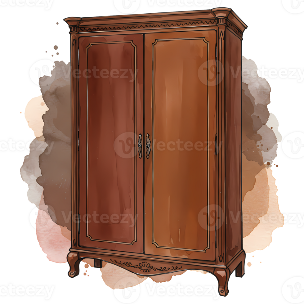 An elegant wooden wardrobe with two doors and ornate details stands against a neutral watercolor spot on transparent background png