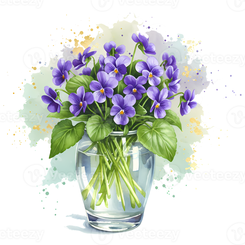 A clear glass vase filled with a bunch of purple flowers and green leaves on a painterly style design on transparent background png