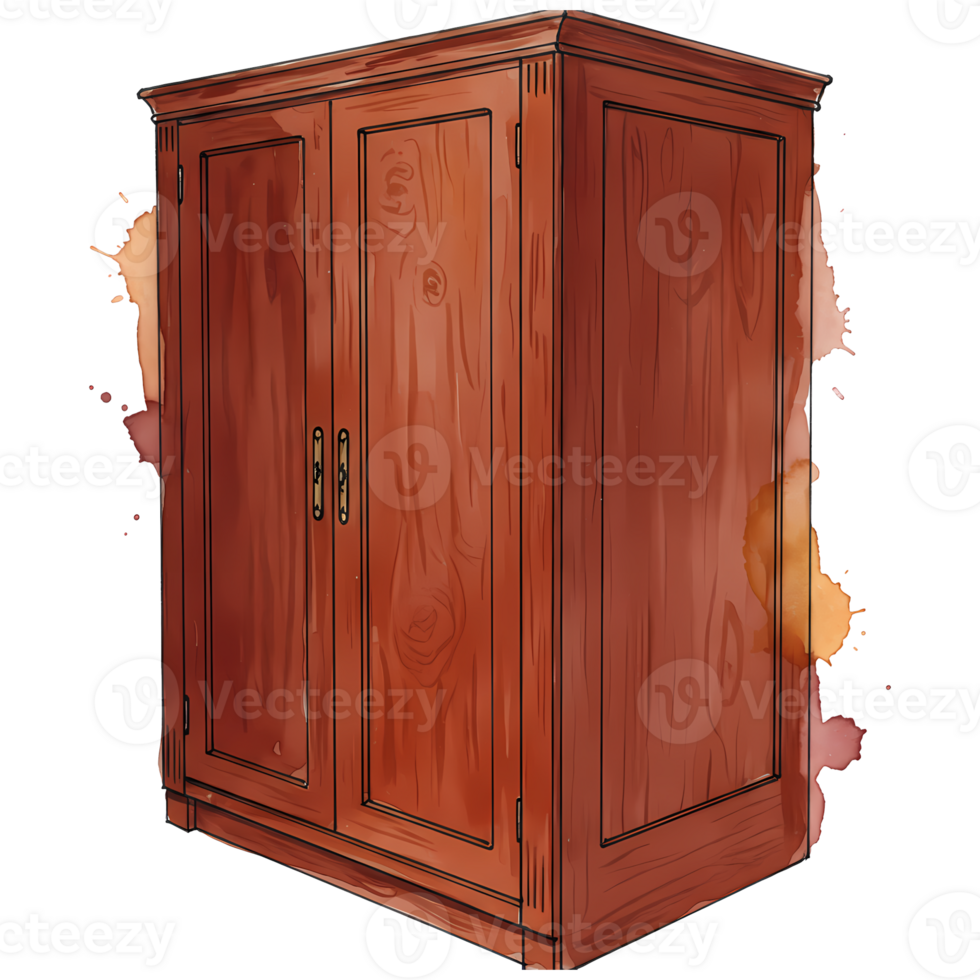 A wooden wardrobe with two doors and golden handles standing on a surface against a plain backdrop on transparent background png