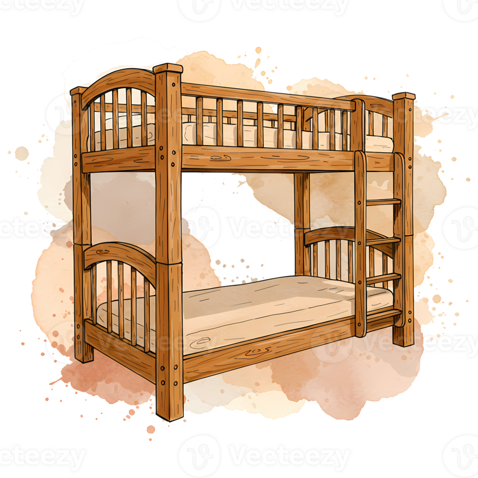 A wooden bunk bed with two mattresses and a ladder against a neutral watercolor style splattered area on transparent background png