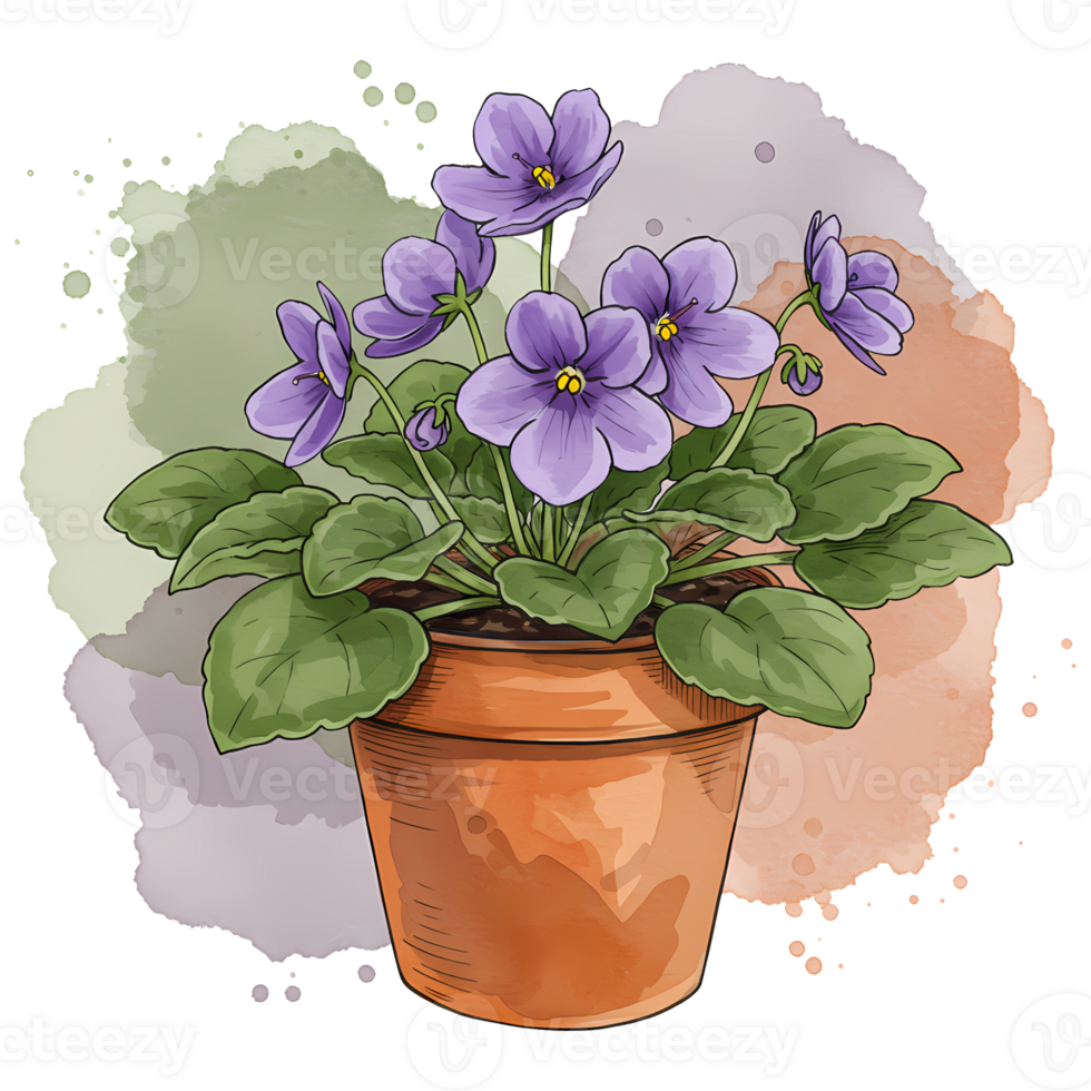 A potted african violet plant with purple flowers and green leaves on a watercolor background on transparent background png