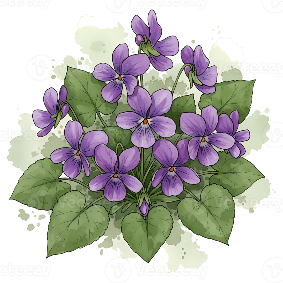 A cluster of purple violet flowers with green leaves arranged on a light colored watercolor style spot on transparent background png