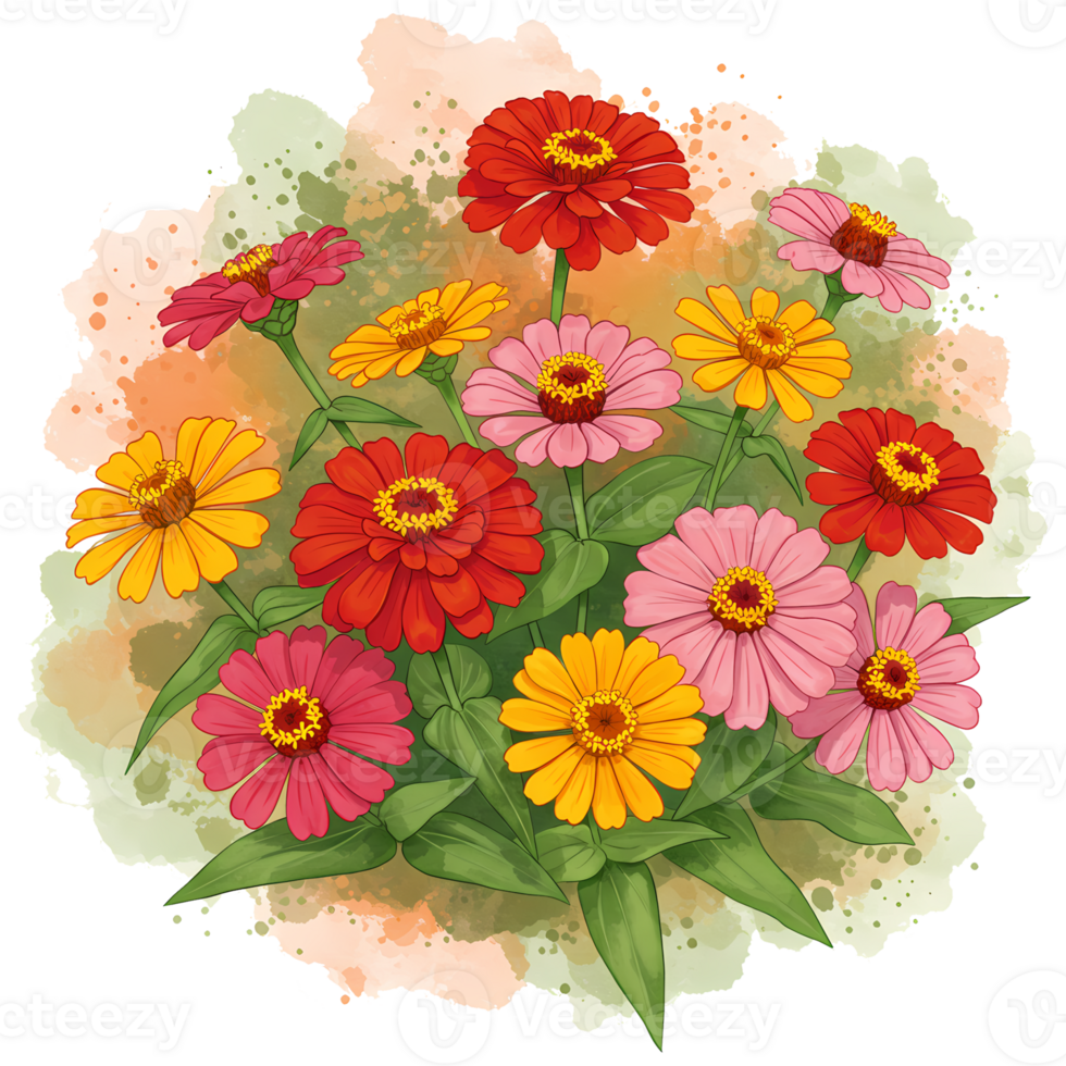 A vibrant bouquet of zinnia flowers in red yellow and pink with green leaves and watercolor texture on transparent background png