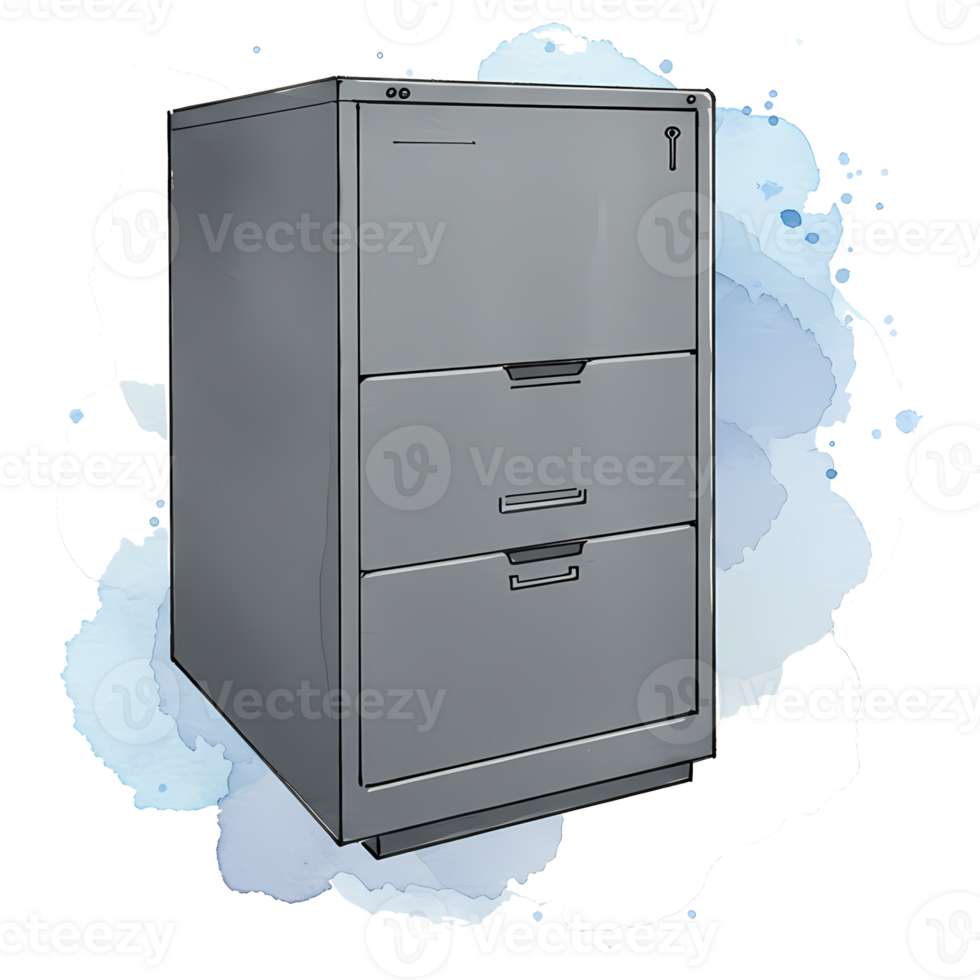 Gray filing cabinet with three drawers, designed for office organization and document storage, a watercolor splash on a transparent background. png