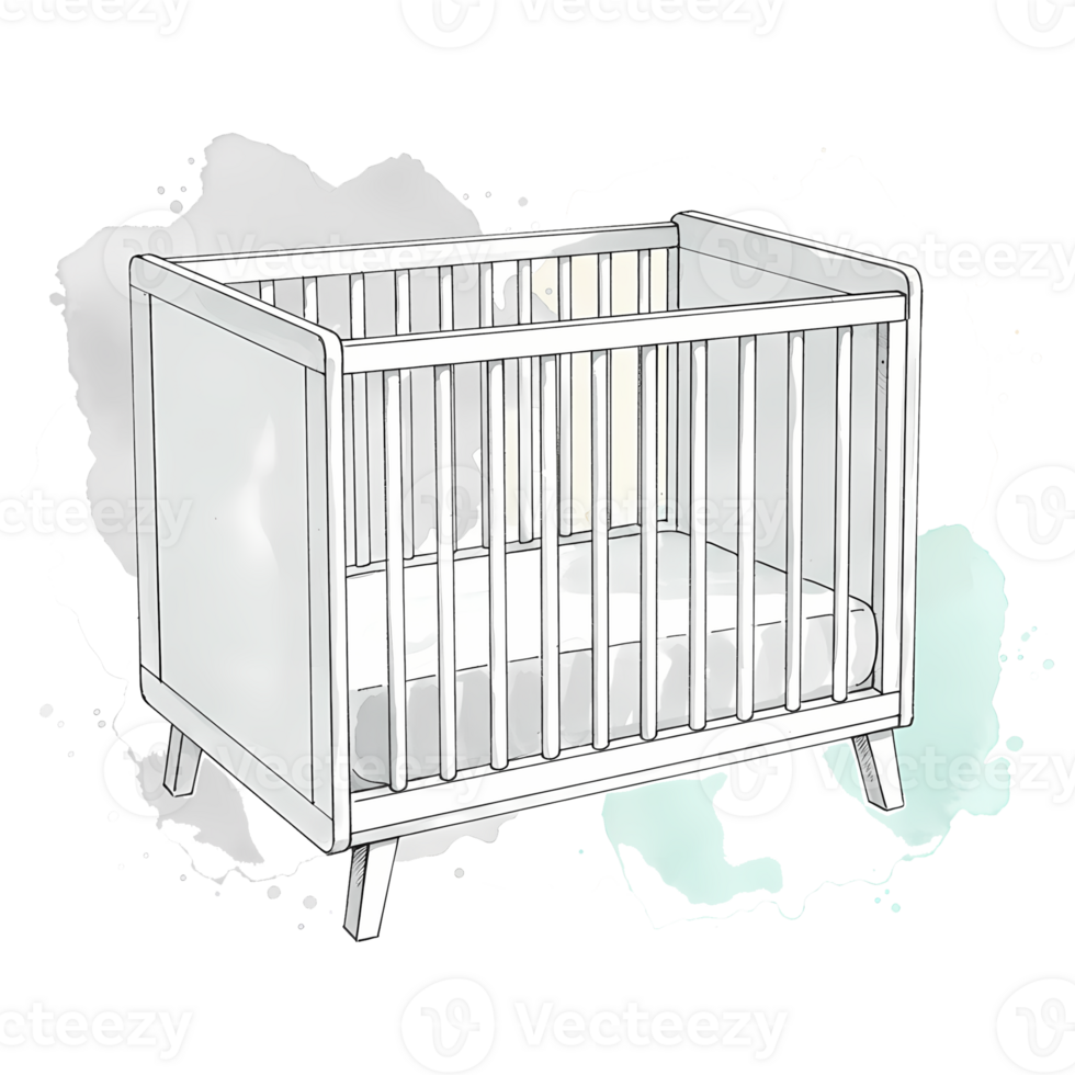 A charming white baby crib illustration perfect for nursery decor, baby shower invitations, or children's product marketing, transparent background png