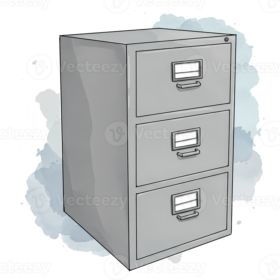 A charming cartoon illustration showcases a three drawer gray filing cabinet against a transparent watercolor splash background, transparent background png