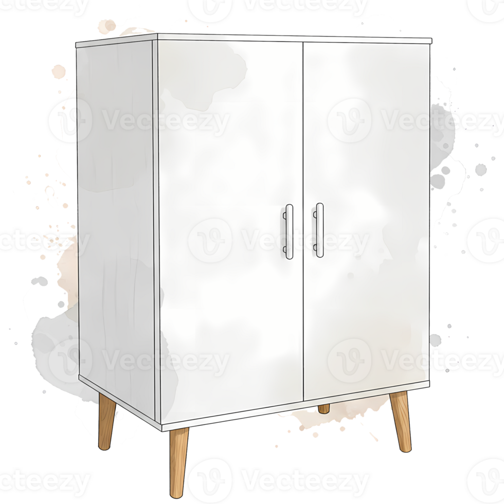 Minimalist style white cabinet with wooden legs, complemented by artistic watercolor splashes on a transparent background for versatile design. png