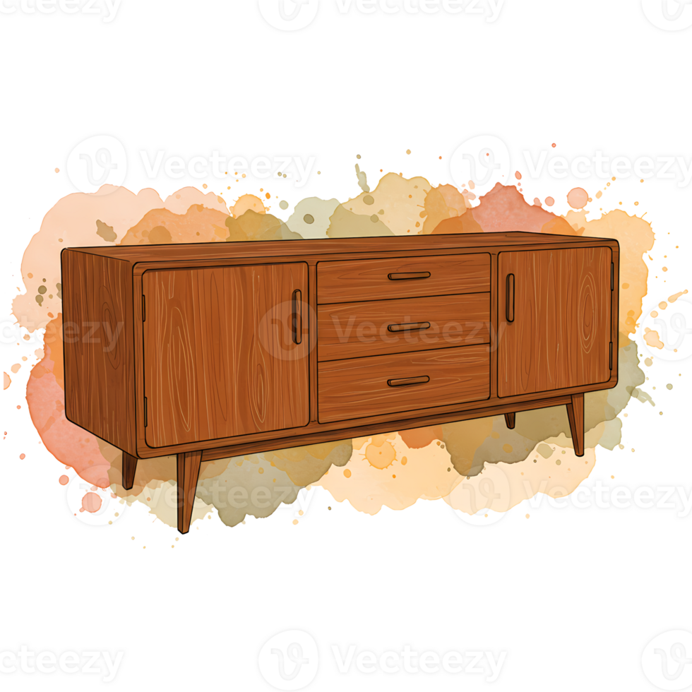 A charming mid century modern sideboard illustration features a splash art background, perfect for retro design projects or home decor visuals, transparent background png