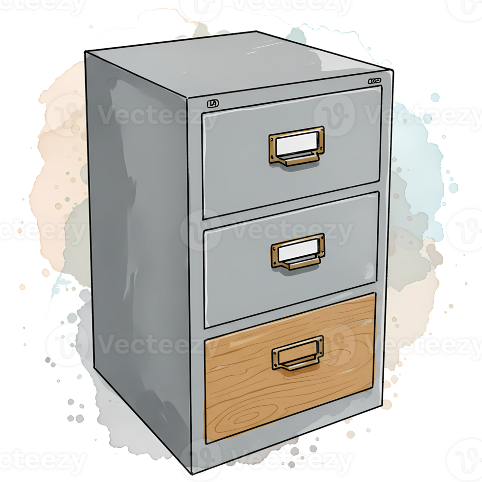 An illustration of a vintage filing cabinet with three drawers, painted in watercolor style against a transparent background. png