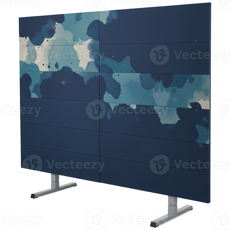 Modern display panel showcasing abstract paint splatter design in shades of blue, making it a striking visual backdrop for presentations or advertising, transparent background png
