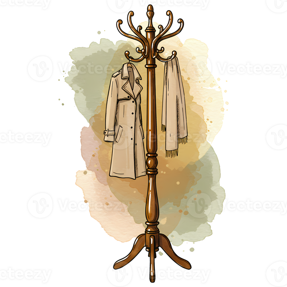 Elegant wooden coat rack with a beige trench coat and scarf on a transparent background, adding a touch of style. png