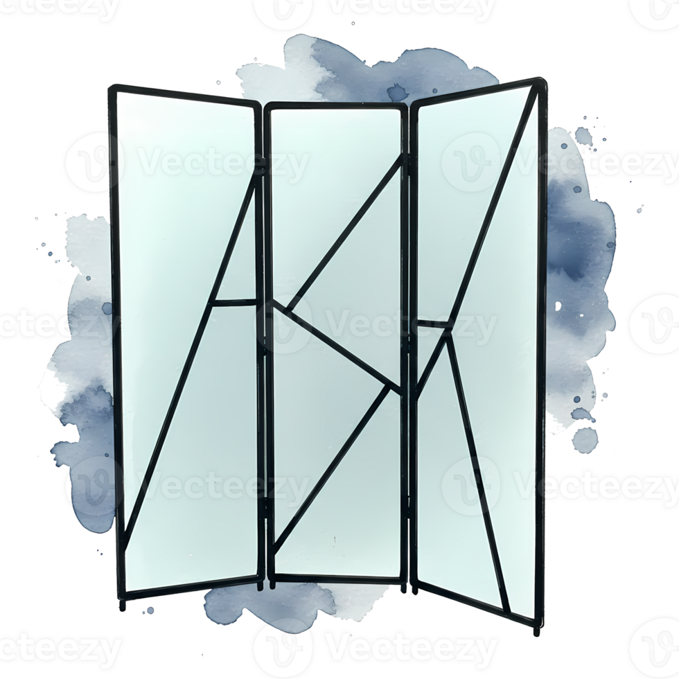 An elegant three-panel folding screen divider with a modern geometric design rests against a black and watercolor backdrop, transparent background png