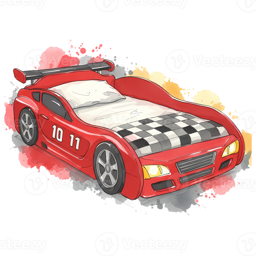 A whimsical car bed illustration showcases a creative kids' room design with race car elements and artistic watercolor splashes, transparent background png