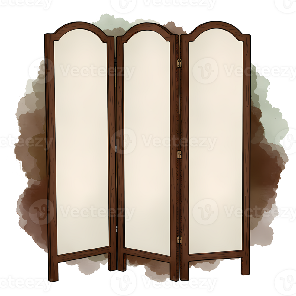 Elegant folding screen with three panels, featuring a classic wood frame and cream-colored inserts, perfect for room decoration or design, transparent background png