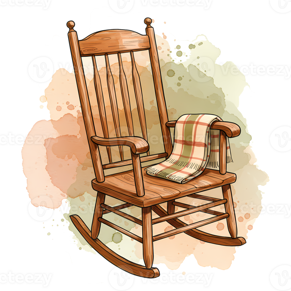 An inviting rocking chair draped with a cozy blanket evokes feelings of warmth and nostalgia on a watercolor background, transparent background png