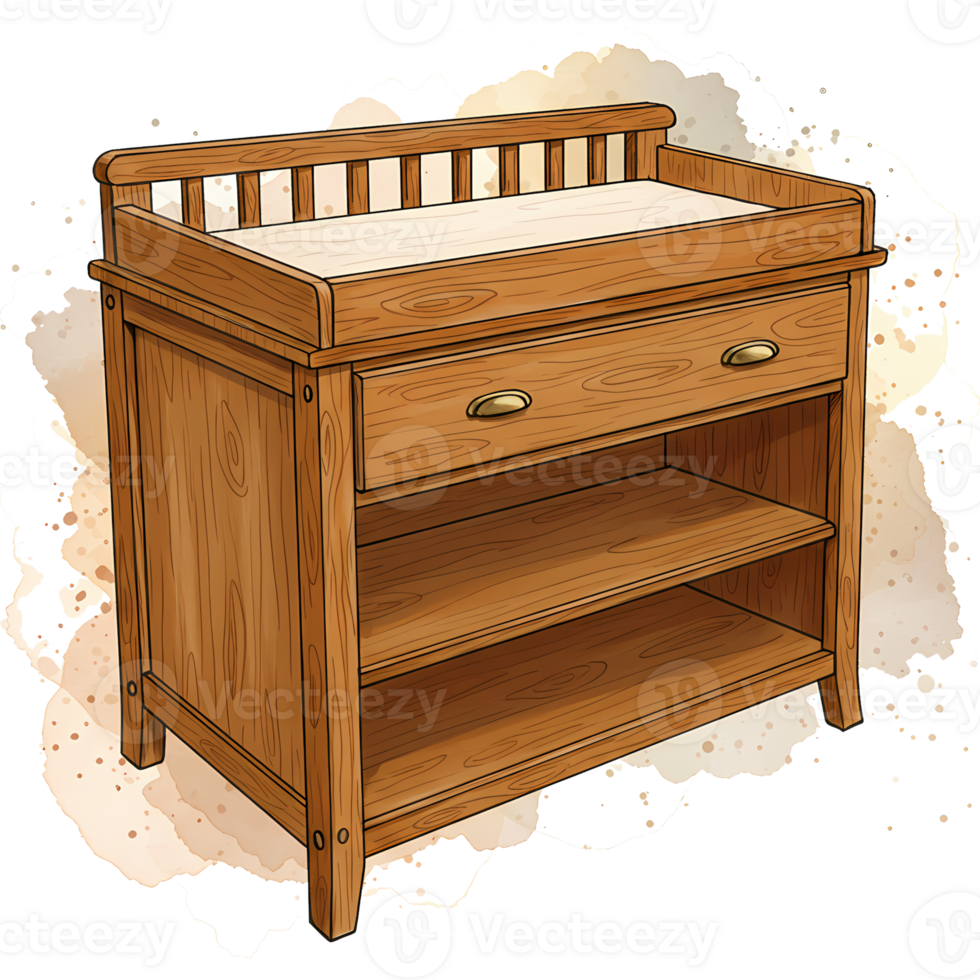 Charming wood changing table features a drawer and open shelving on a transparent background, ideal for a baby nursery design element. png