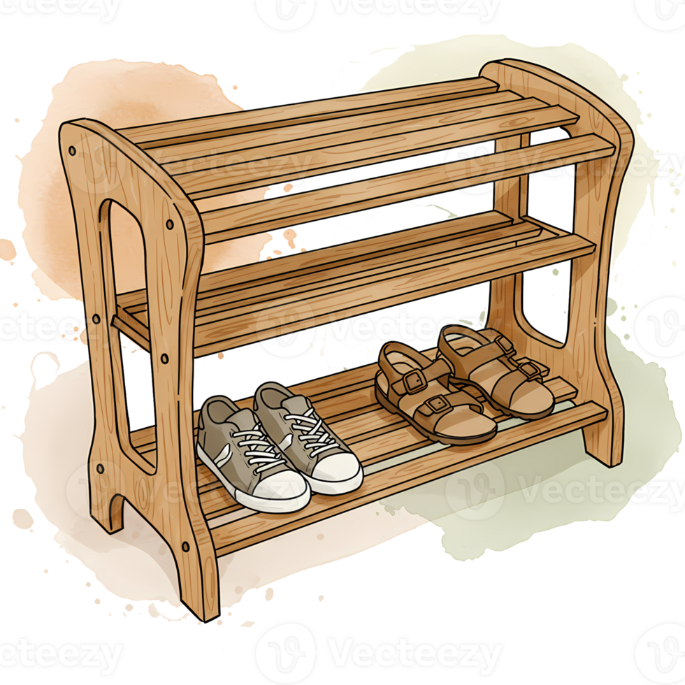 Stylish wooden shoe rack holding sneakers and sandals adds organization and charm to any entryway with a clean watercolor design, transparent background png