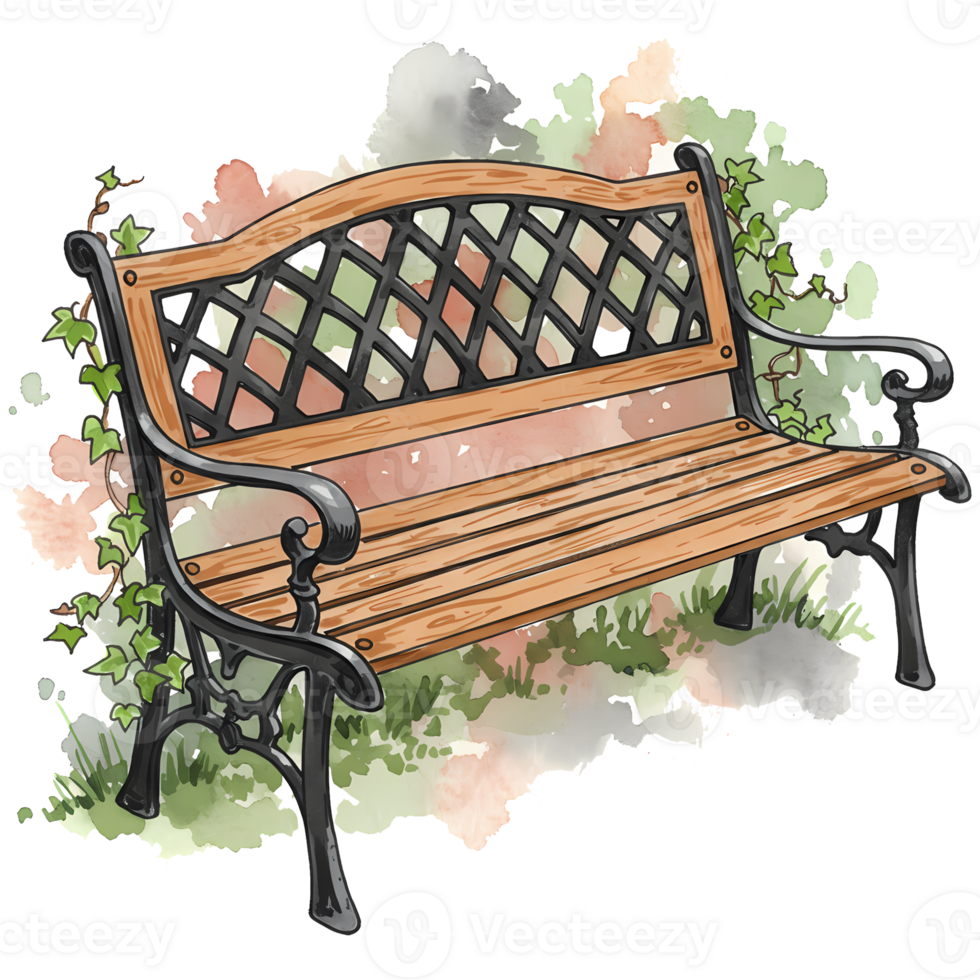 Wooden park bench with ivy and a watercolor effect invites relaxation in a serene garden setting, perfect for contemplative moments, transparent background png