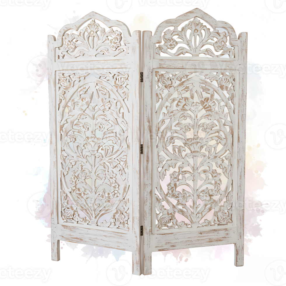 An ornate, handcrafted folding screen adds an elegant touch, showcasing carved floral details and a vintage, distressed white finish against a dark backdrop, transparent background png