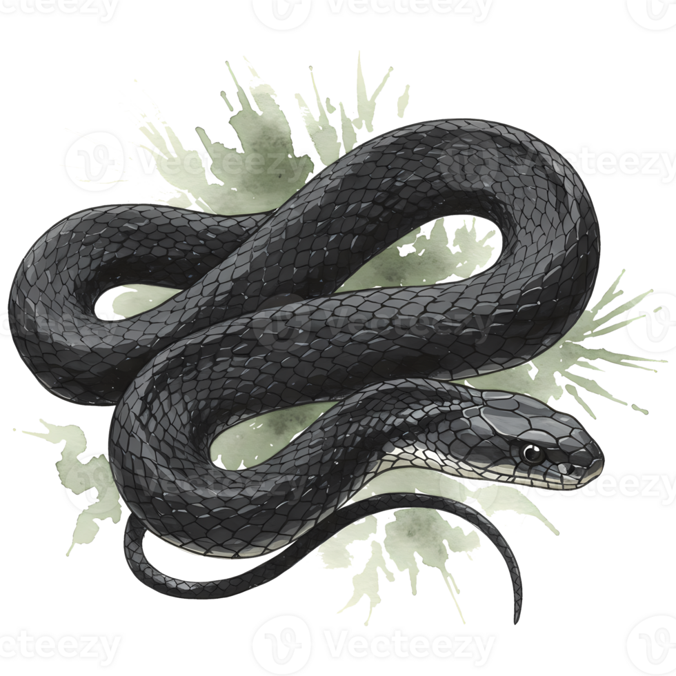 Beautiful coiled black snake illustration with watercolor style splash accents on a transparent background, ready for creative design. png