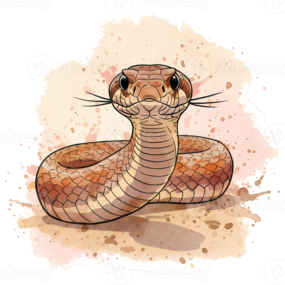A charming cartoon viper radiates earthy tones, showcasing artistic design and subtle watercolor textures on a transparent canvas, transparent background png