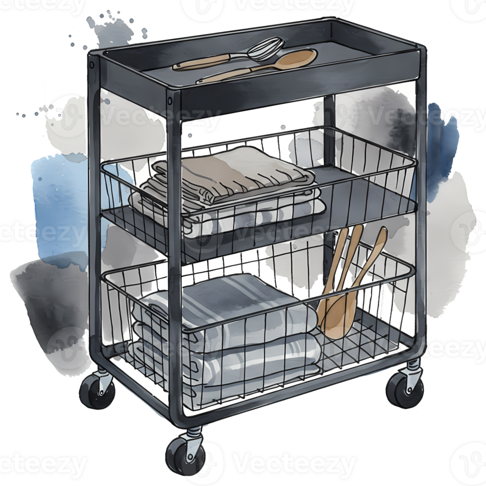 Illustrated black metal rolling cart displays folded towels and wooden utensils against a watercolor textured transparent backdrop, transparent background png
