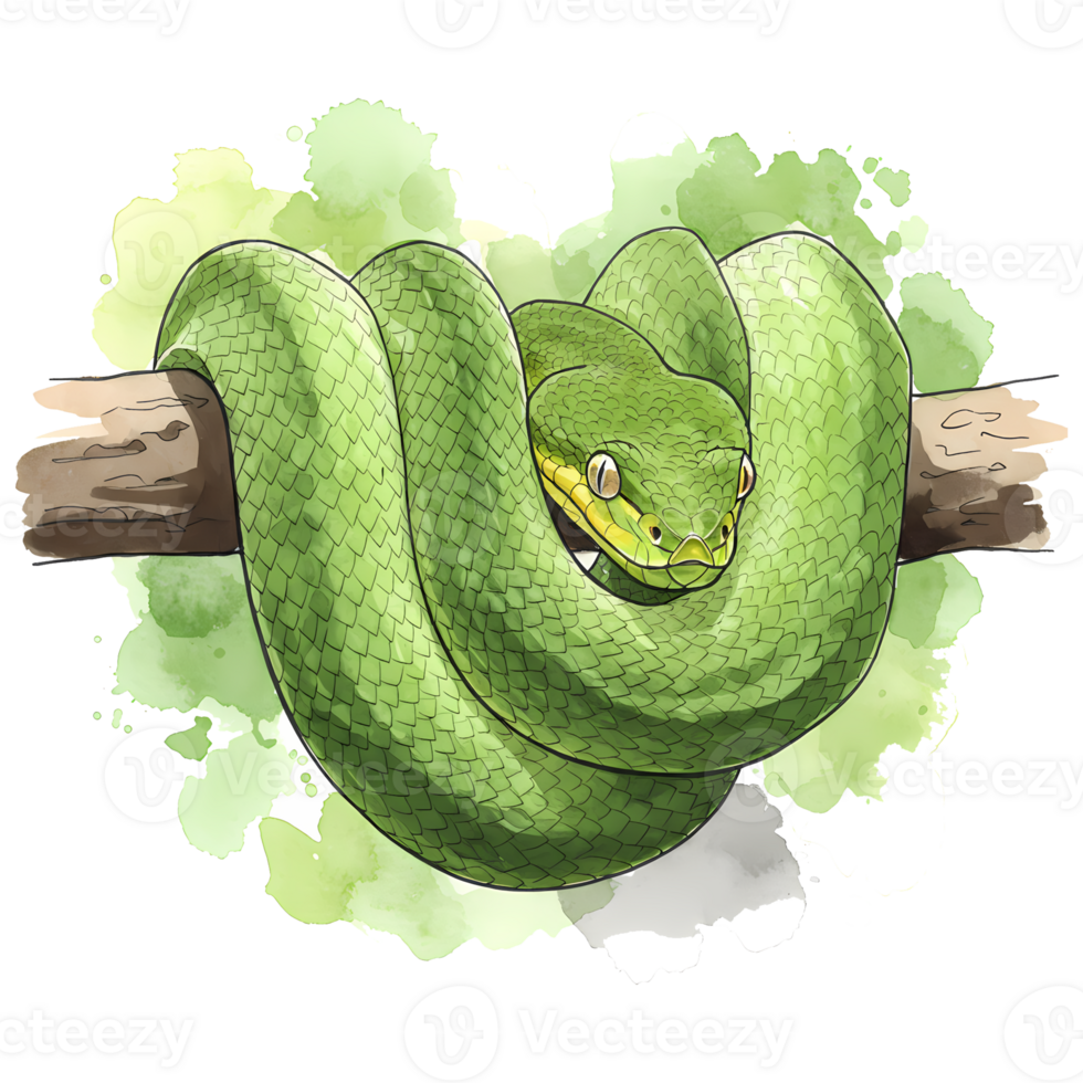A charming cartoon drawing features a vivid green tree python gracefully coiled on a branch with watercolor style accents, transparent background png