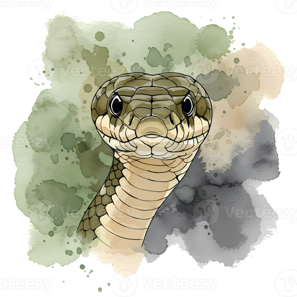Artistic watercolor style illustration showcases a curious snake head on a black, transparent background with green and gray splashes. png