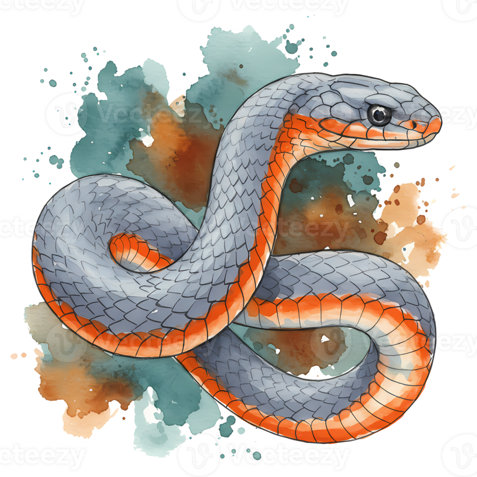 Graceful snake illustration with a gray and orange color scheme set against a watercolor splash on a transparent background. png