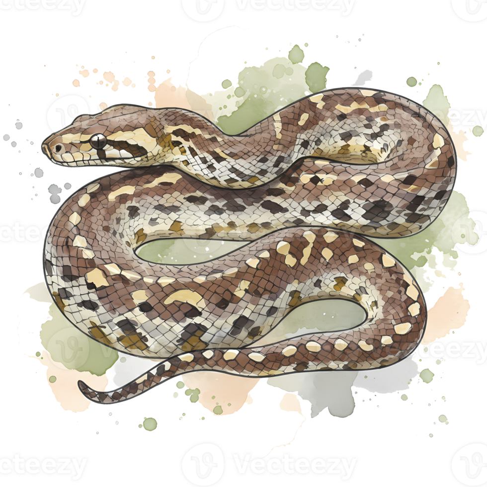 Artistic rendering presents a beautiful python snake with a captivating watercolor effect on a transparent background, adding nature's charm. png