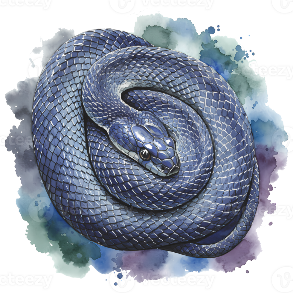 Graceful coiled blue snake artwork presented with watercolor textures on a transparent background for versatile design projects. png
