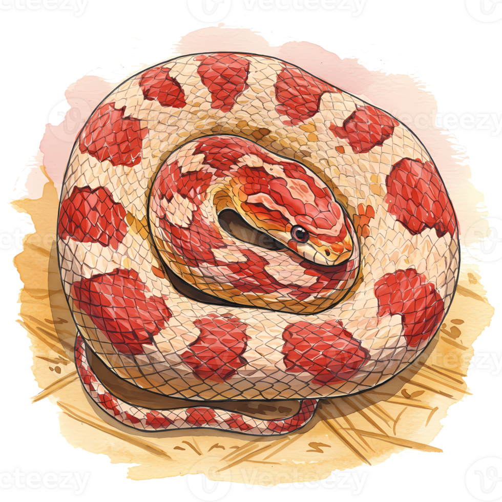 A captivating corn snake illustration coiled gracefully with its striking red and white pattern on a neutral background, transparent background png