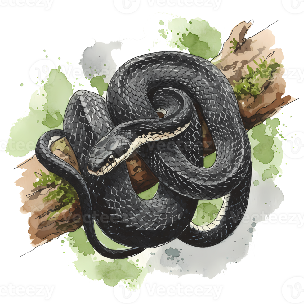 Graceful black snake resting on a branch, presented in a detailed watercolor style with a transparent background for diverse design projects. png