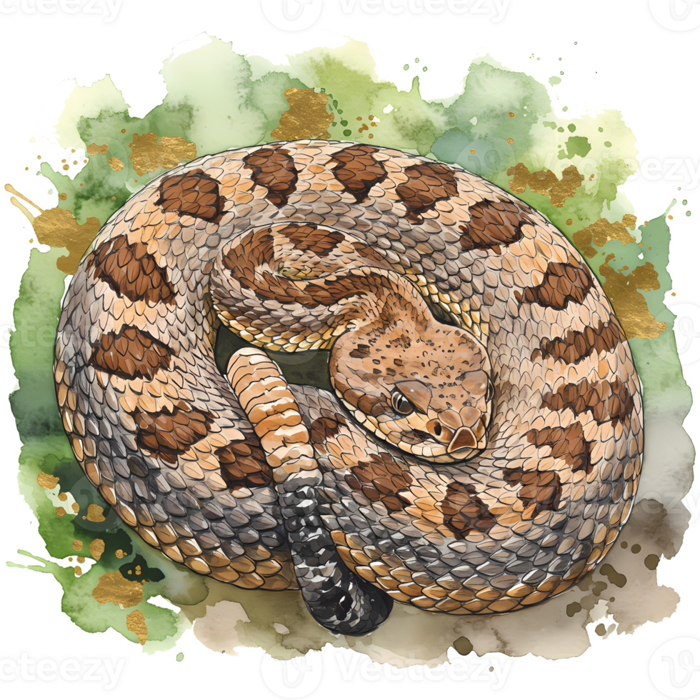 Watercolor style rattlesnake coils elegantly against a background of green and gold splashes, showcasing intricate scale details, transparent background png