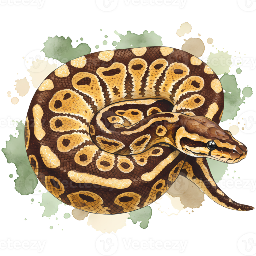 Captivating illustration of a ball python showcasing its intricate scale pattern against an artistic watercolor splatter background, transparent background png