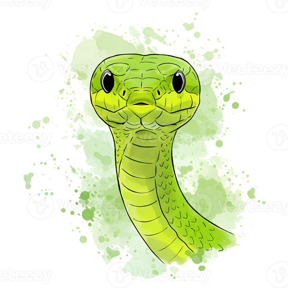 Cartoon green mamba head portrait with detailed scales and texture on a splatter background, ideal for creative projects, transparent background png