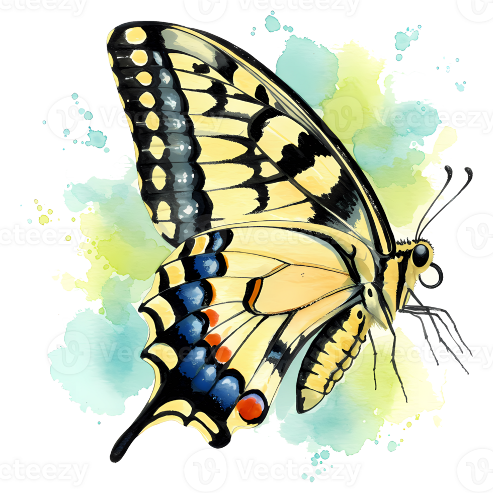 A beautiful watercolor painting displays a yellow swallowtail butterfly with black accents against a transparent background, evoking natural beauty. png