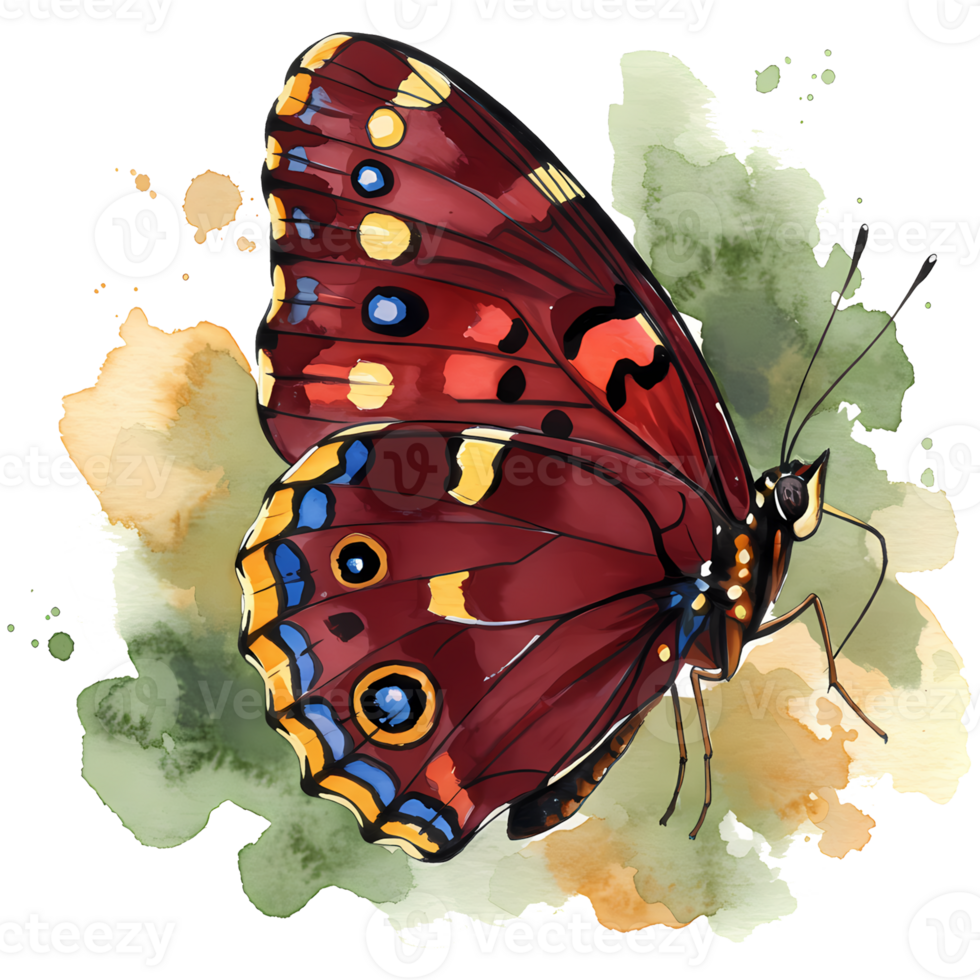 Vivid watercolor butterfly artwork showcases intricate wing patterns on a transparent background, perfect for creative designs and spring themes. png