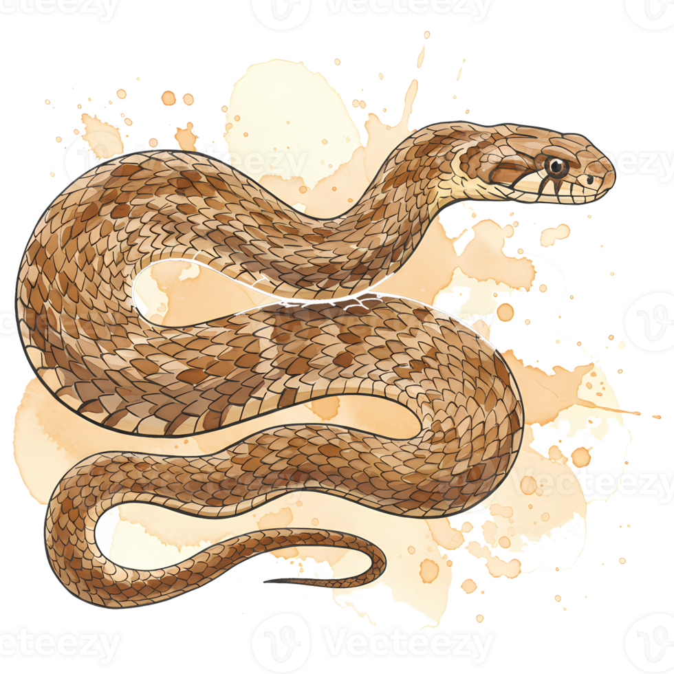 Coiled snake illustration featuring detailed scales and earthy tones on a transparent background with watercolor style splashes. png