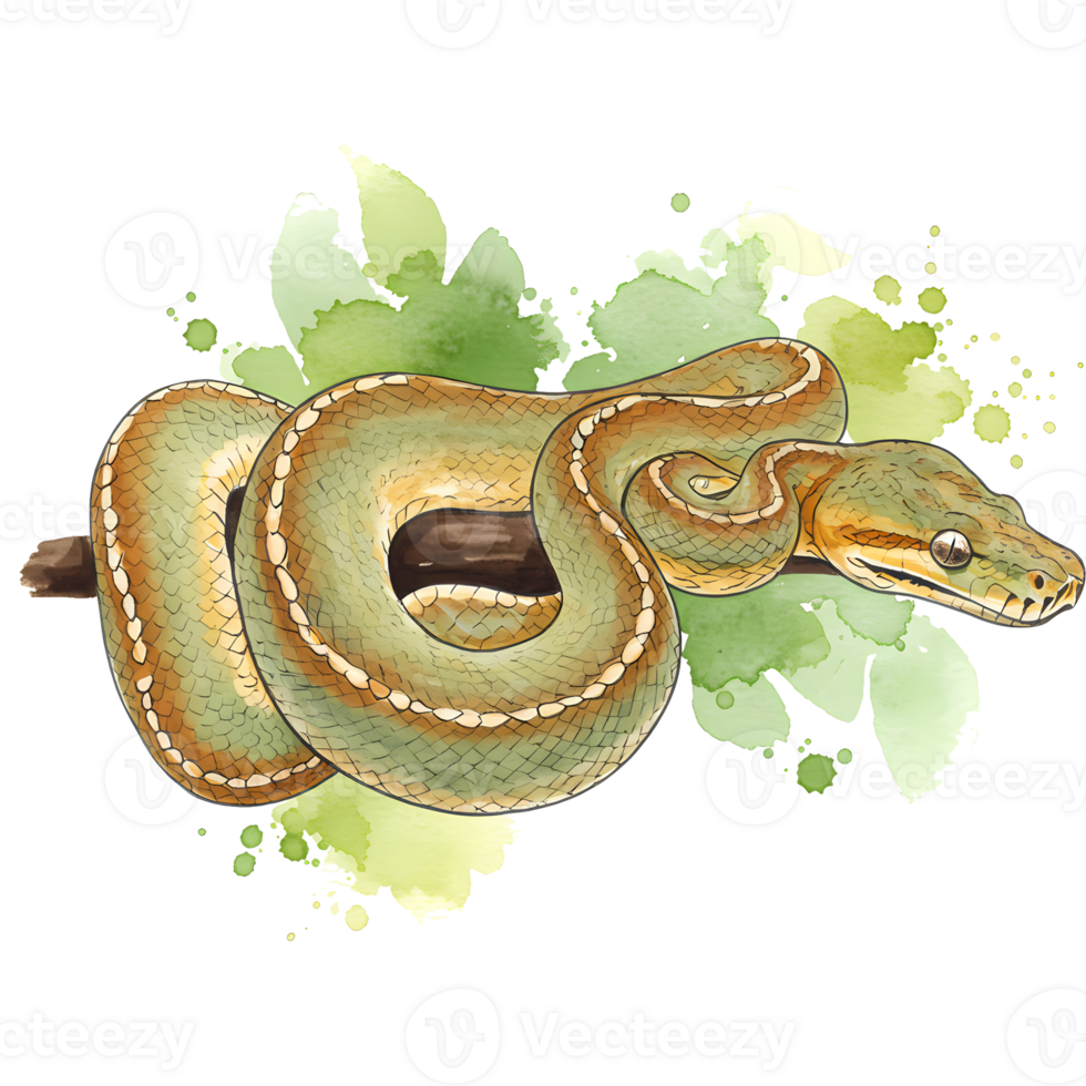 Elegant green tree python coiled on a branch showcases a watercolour design with lush leaves and a transparent backdrop, transparent background png