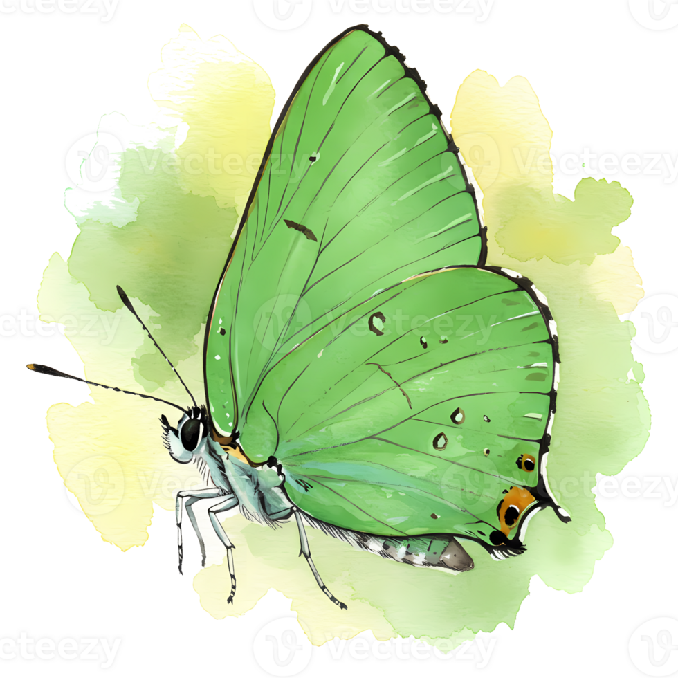 Vibrant green hairstreak butterfly displayed with painterly watercolor effect on a transparent background for creative projects. png