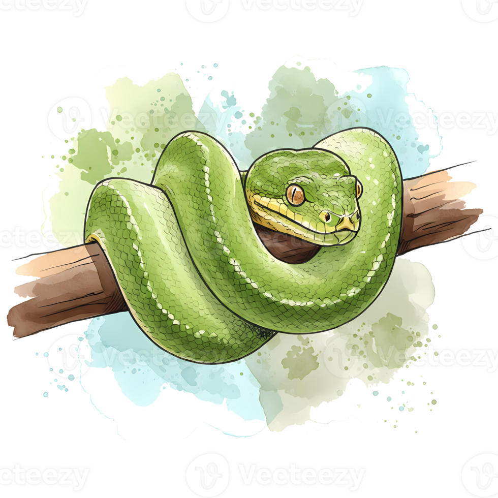 Lush green tree python illustration coiled on a branch against an abstract watercolor splash background on transparent, transparent background png