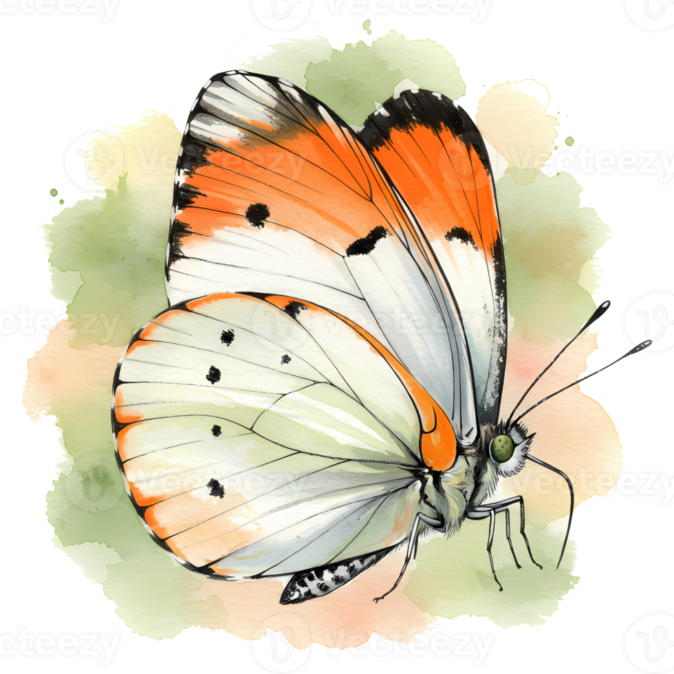 Delicate butterfly rests against a watercolor wash, its orange and white wings elegantly displayed on a transparent background. png