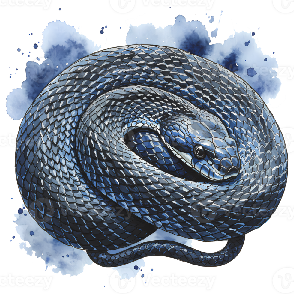 Intricate illustration showing a black rat snake coiled against a transparent background with artistic watercolor accents surrounding it. png